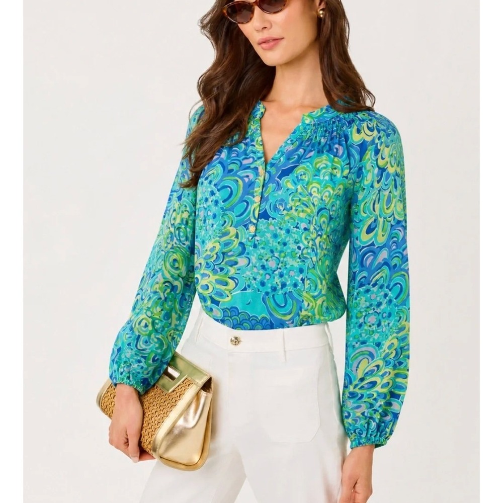 Lilly Pulitzer Elsa Silk Top in Lilly's Lagoon Sea Blue sz S